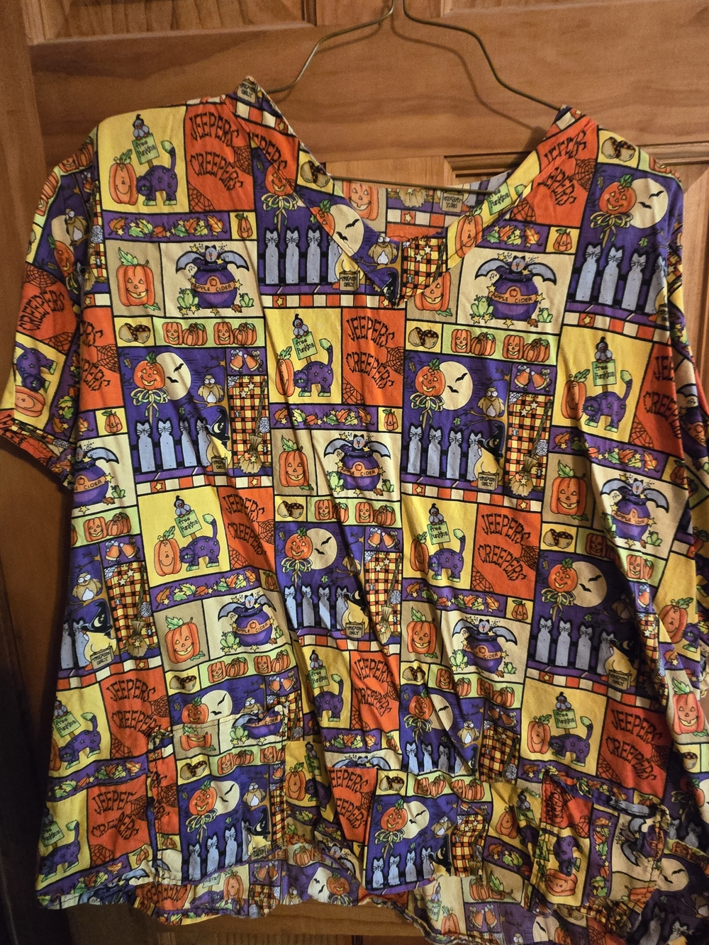 Halloween Patchwork Print Scrub Top - Orange, Purple, Yellow